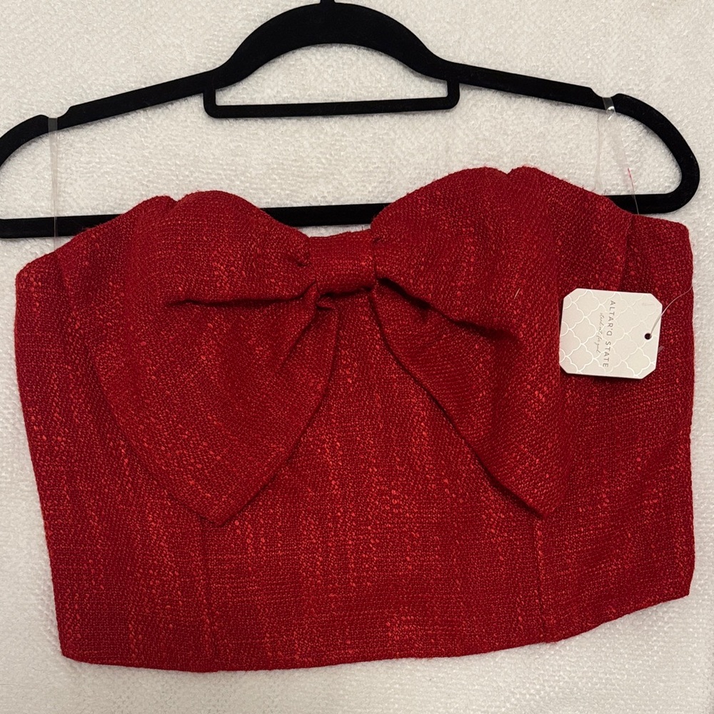 Red Tweed bow detail cropped tube top